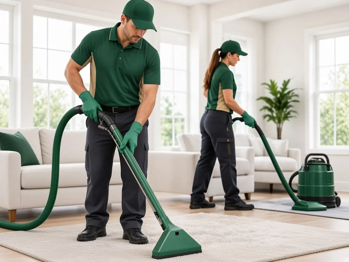 Two technicians in green uniforms cleaning a carpet in a living room (placeholder photo)