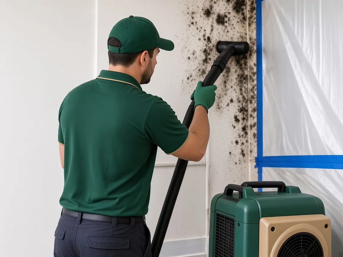 Technician in a green RNB-style uniform vacuuming mold from an interior wall (placeholder photo)