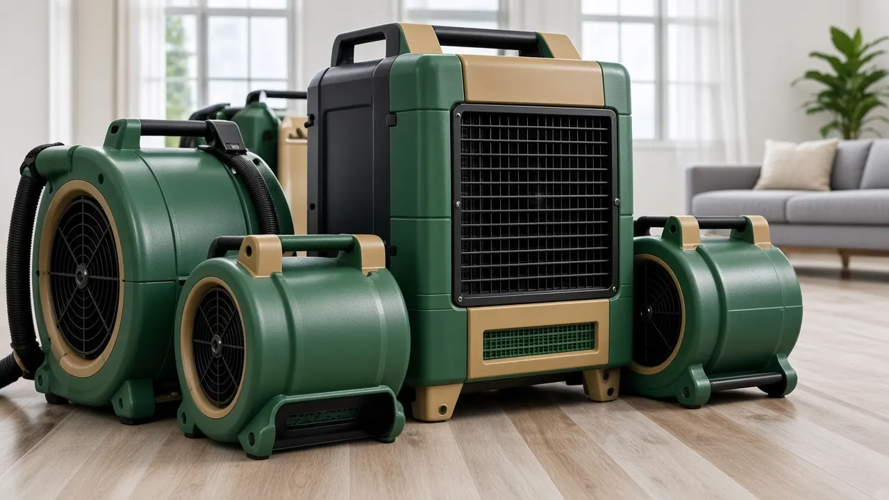 Drying equipment: dehumidifier and air movers in green (placeholder photo)